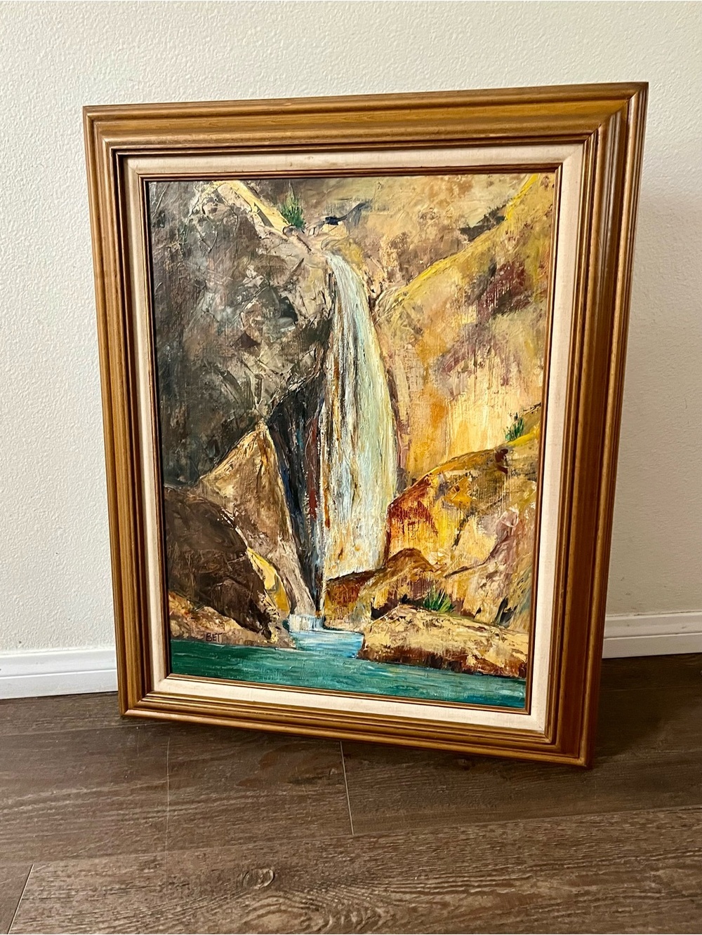 Framed Waterfall Landscape Oil Painting in Blue and Gold Tones 24/30 inches